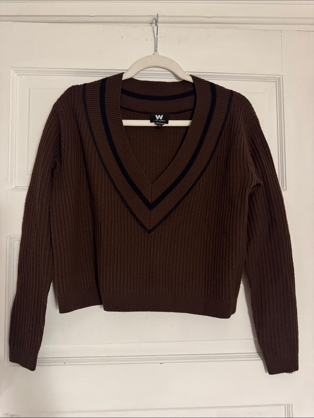 2 for $12 🎉 W by Worth Brown V-Neck Ribbed Sweater with Black Trim